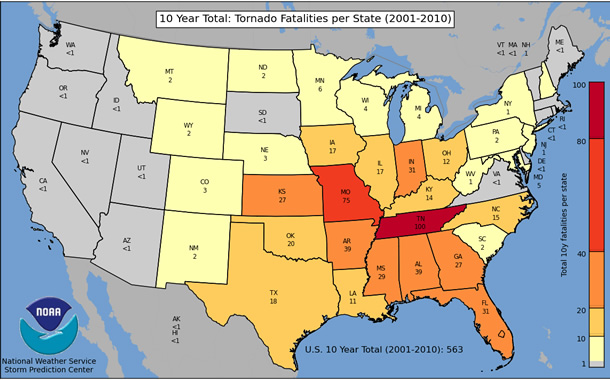 10 Year Total: Tornado Fatalities per State (2001-2010)