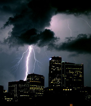 Lightning flashes over downtown Denver. (Wikipedia)