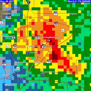 The Thornton radar image when the storm was at its height. The storm dumped over 2" of rain in 1 hour.