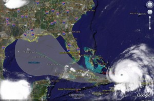 Satellite image of Ike and it's predicted path as of Sunday morning.  Click for larger image.