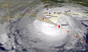 Satellite image of Gustav as of 5:00am MDT showing the storms predicted path.  Click for a larger version.