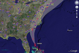 Tropical Storm Hanna set to hit the Carolina's.  Click for a larger image.