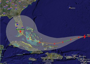 Hurricane Ike could be very dangerous and is on track to hit southern Florida.  Click for a larger image.