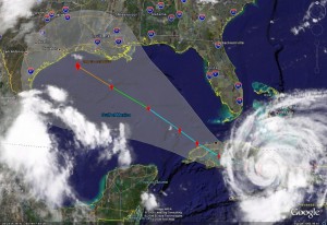 Satellite image of Hurricane Ike showing its predicted path as of Monday.  Click for larger version.
