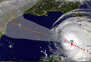 Satellite image of Hurricane Ike and its predicted path as of Wednesday morning.  Click for larger image.