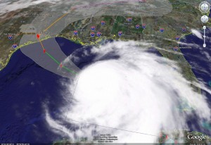 Satellite image of Hurricane Ike and its predicated path as of Thursday, September 11, 2008.  Click for larger version.
