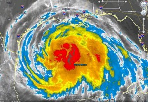 Color enhanced satellite image of Hurricane Ike as of Friday, September 12, 2008. Click for larger view.