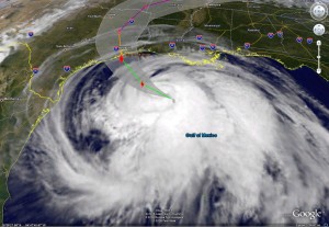 Satellite image and forecast path for Hurricane Ike as of Friday, September 12, 2008.  Click for larger image.