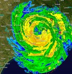 Houston radar image as of 3:45am MDT on Saturday, September 13 as Hurricane Ike moves ashore. The eye of the storm is about 17 miles east of the city.  Click for larger image.