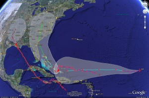 Satellite imagery of the potential tracks of Gustav, Hanna and Ike.  Click for larger version.