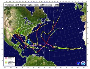 This image shows the tracks of hurricanes that occurred during the 2008 season.  Click for larger image.