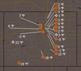 The Rocky Mountain Weather Network is showing temperatures barely above zero across Denver as of 10:00am Sunday morning.