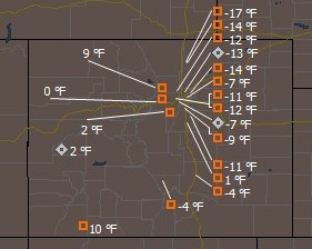 At 7:00am, stations on the Rocky Mountain Weather Network were recording temperatures well into the negative teens.