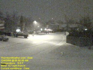The scene at ThorntonWeather.com at 5:50am today.  Click the image for a current weather webcam view.