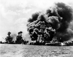 December 7, 1941.  From left, the USS USS West Virginia, USS Tennessee, both damaged and USS Arizona, sunk.  The weather played a key part in the attack on Pearl Harbor.