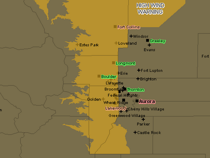 A High Wind Warning is in effect for much of the western part of the Front Range through 8:00am Tuesday.