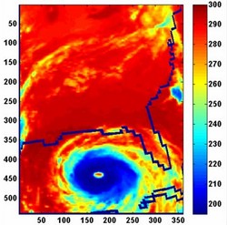 Extremely high clouds, known as deep convective clouds, are typically associated with severe storms and rainfall. In this AIRS image of Hurricane Katrina, taken August 28, 2005, the day before Katrina made landfall in Louisiana, the eye of the storm was surrounded by a "super cluster" of 528 deep convective clouds (depicted in dark blue). The temperatures of the tops of such clouds are colder than 210 degrees Kelvin (-82 degrees Fahrenheit). Image credit: NASA/JPL