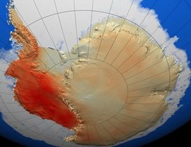 This illustration depicts the warming that scientists have determined has occurred in West Antarctica during the last 50 years, with the dark red showing the area that has warmed the most.  Image:  NASA