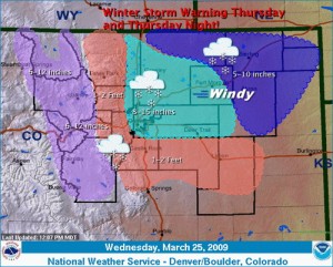 Snow total estimates for the storm expected to hit Denver tomorrow.  Click for larger image.